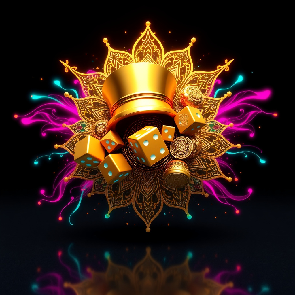Dynamic 3D explosion of Monopoly game elements: a golden top hat, dice, and hotel pieces mixed with intricate traditional Indian mandala patterns in gold and silk, vibrant pink and teal neon energy trails, dark charcoal reflective background, high-tech ga